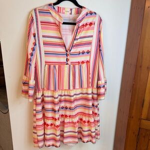 Sunday Up Multicolor Springy Aztec/Southwest Geometric Tiered Midi Dress, M